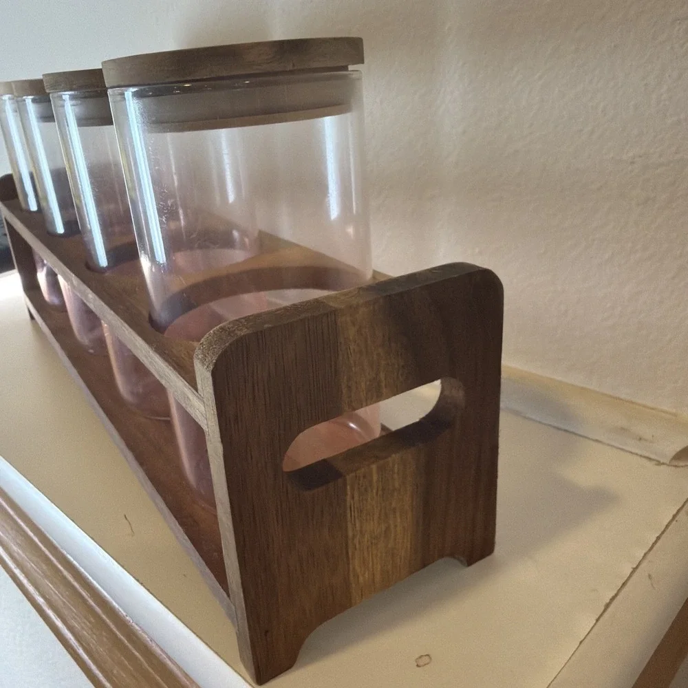 Wooden Spice Box Six Bottles Propagation Station Pink Glass Jars
